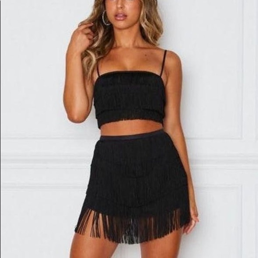 White fox boutique fringe set in black